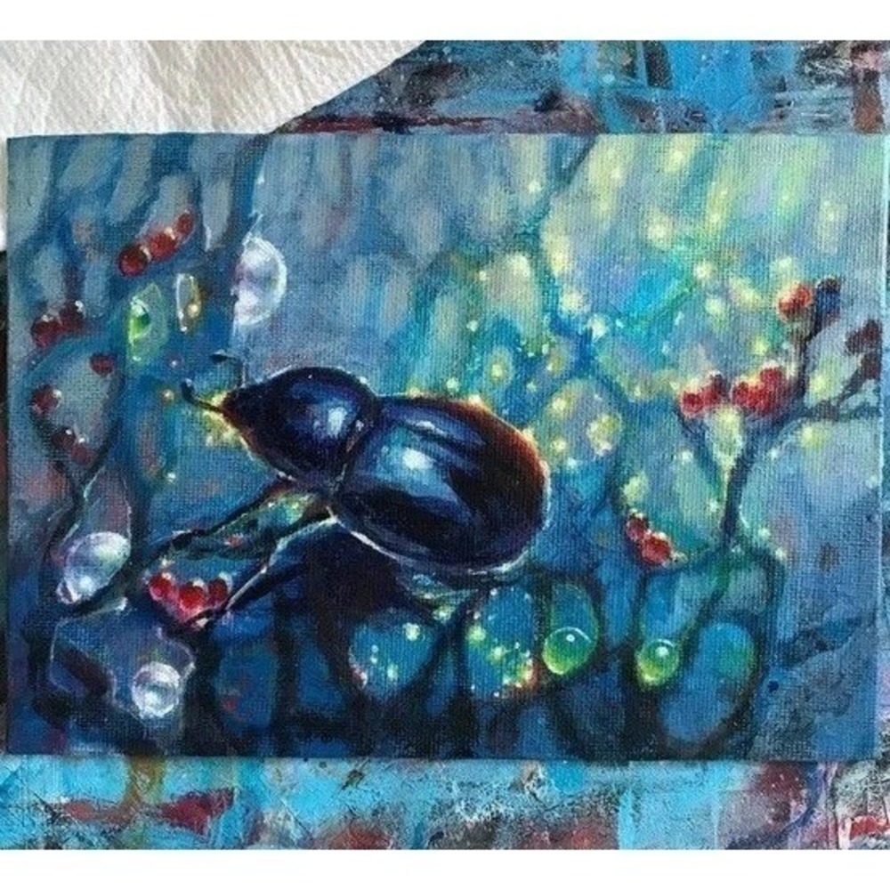Scarab Original Painting Beetle Surrealism art fantasy artwork OOAK Artettina US
